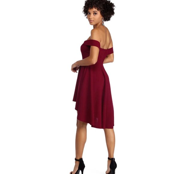 Size M Windsor Burgundy Off-Shoulder High-Low Party Cocktail Dress - Picture 2 of 9
